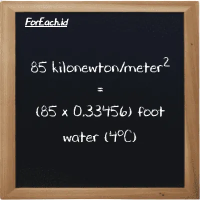 85 kilonewton/meter<sup>2</sup> is equivalent to 28.438 foot water (4<sup>o</sup>C) (85 kN/m<sup>2</sup> is equivalent to 28.438 ftH2O)